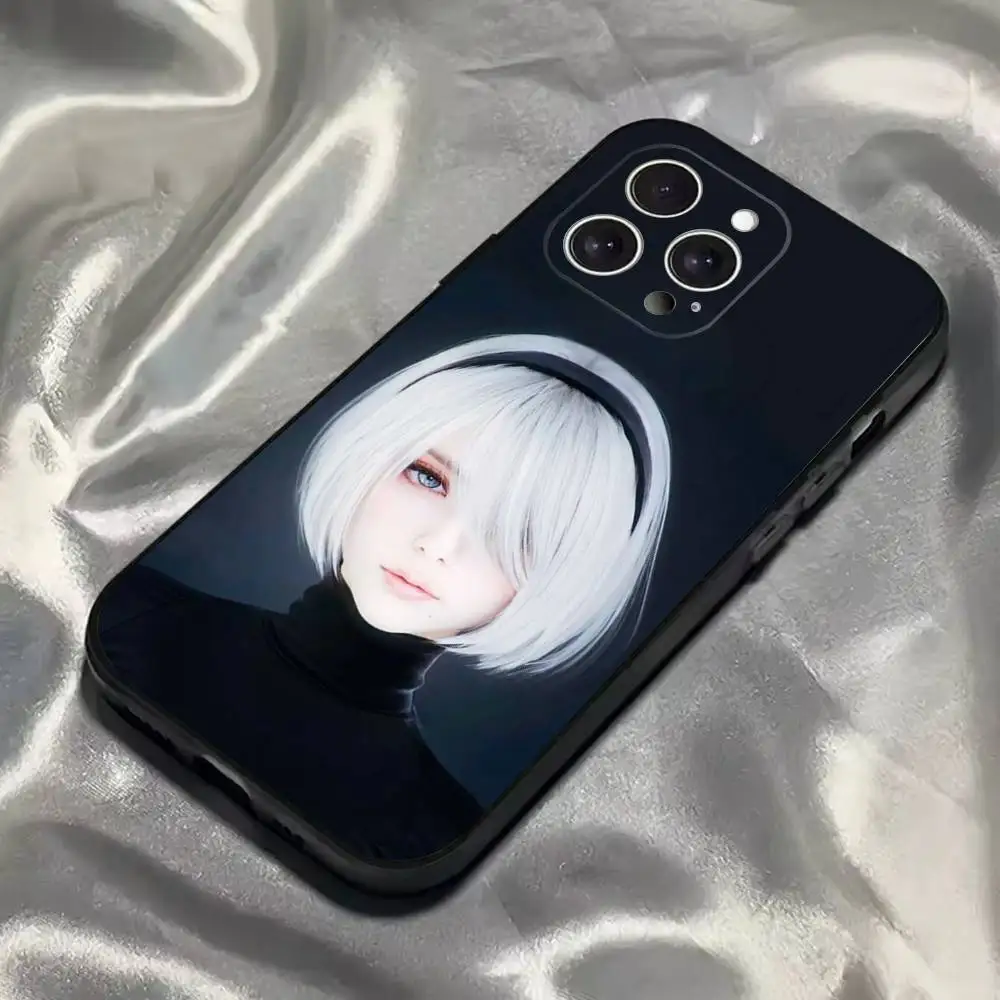 حافظة هاتف N-NieR A- Automata 2B لهاتف iPhone 16,15,14,13,12,11,Pro,Max,Plus,X,XS,SE4,E,Mini,Soft Black Case