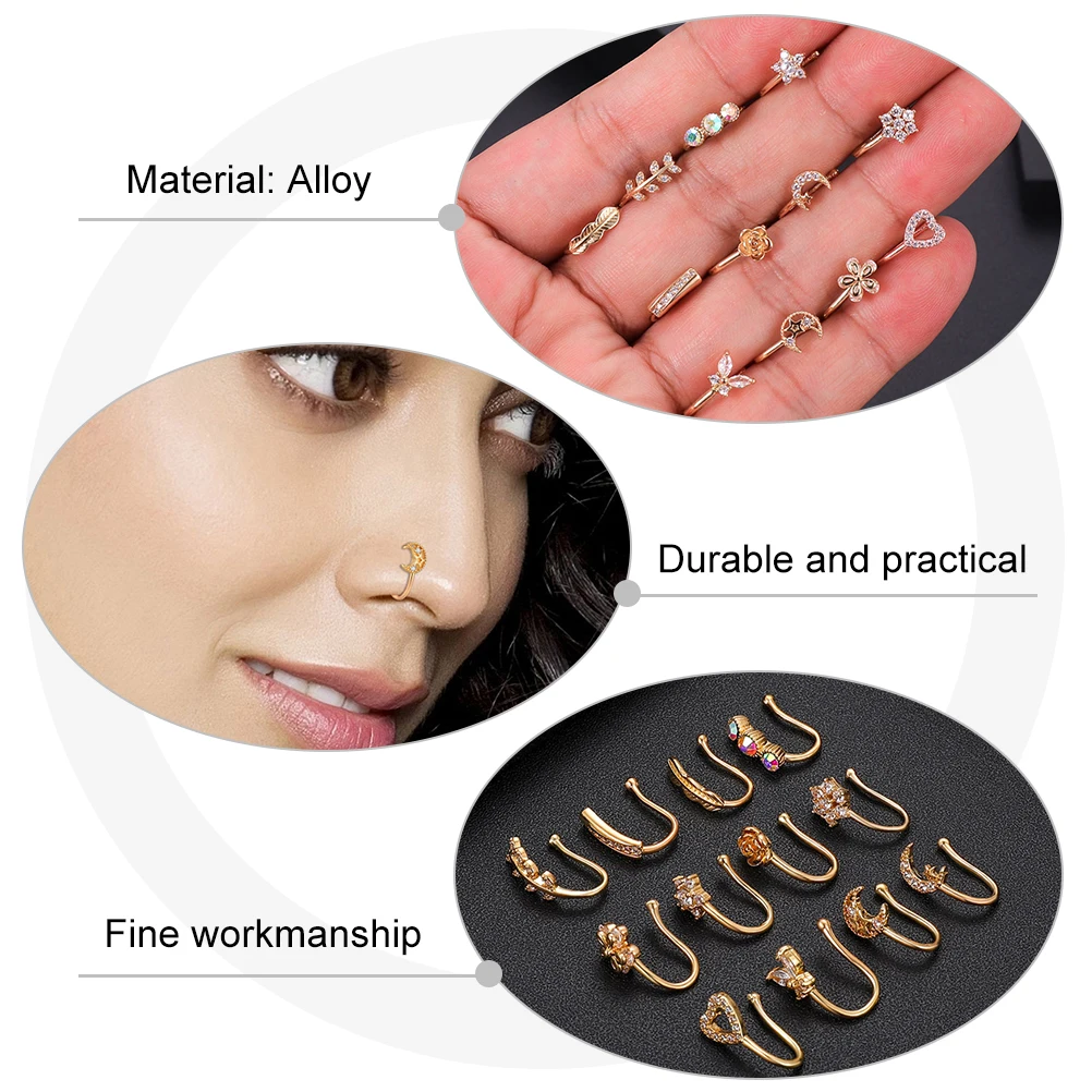

12 Pcs Nose Clip Zircon Decorations Non Piercing Rings Girls Jewelry Horseshoe Copper Adornments Safe Wear Party Accessories