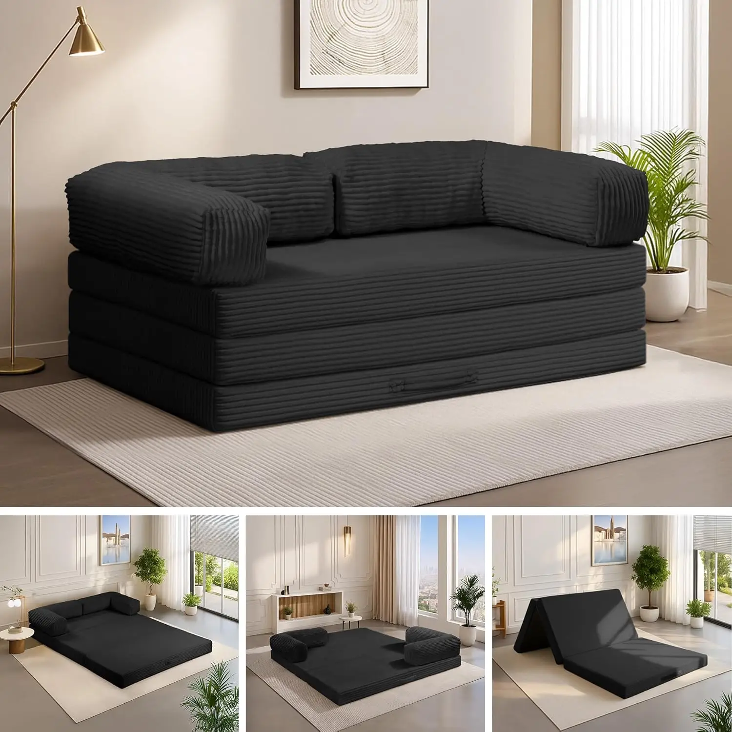 #Convertible Sofa Bed Tri-Fold Mattress with L-Armrest Corduroy Futon for Living Room Bedroom