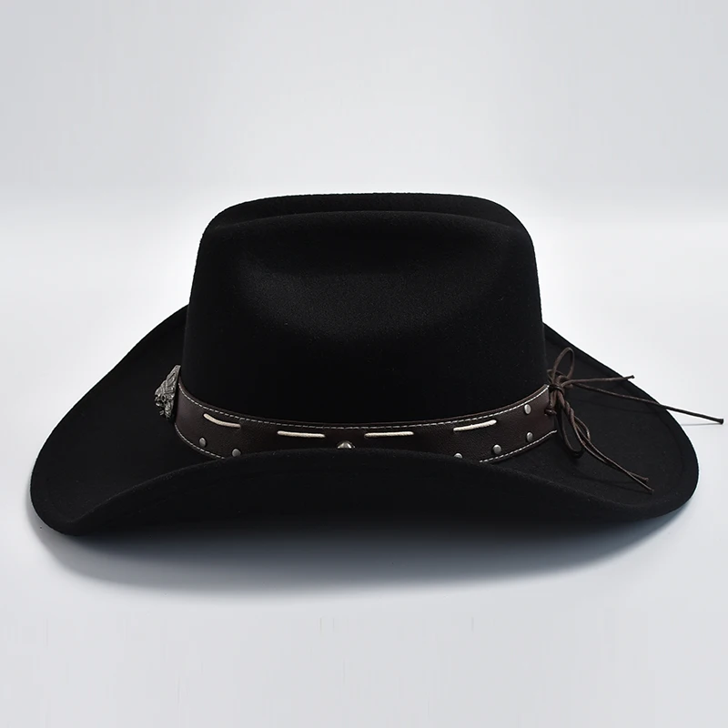 New Vintage Western Cowboy Hat with Punk Belt Men\'s Gentleman Cloche Church Caps Lady Roll Up Jazz Cowgirl Hats