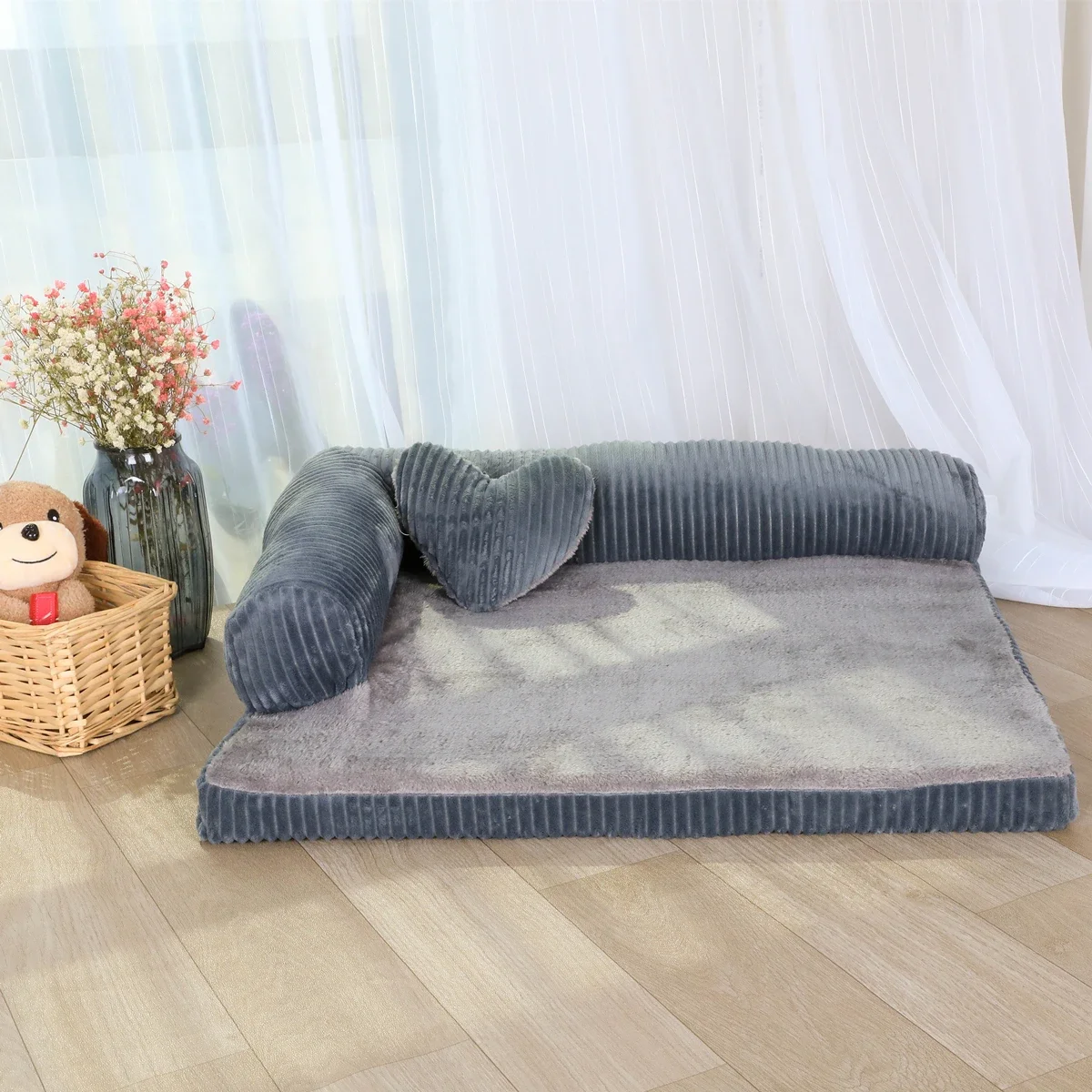 L Shape Dog Bed Sofa with Heart Pillow Removable Cover Waterproof Soft Sleeping Cushion Big Cat Cushion Puppy Mat Pet Supplies