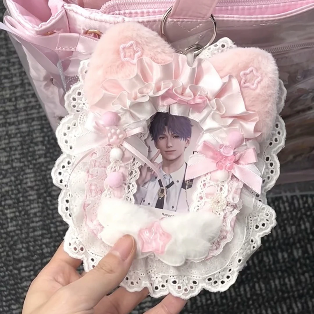Keychain Photocard Top Loader for 3 Inch Card Ins Keychain Kpop Cards Sleeve Lace Decor Sweet ID Photo Card Protector