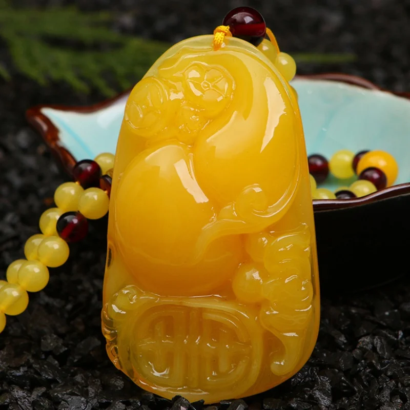 

Yellow Chicken Grease Old Beeswax Pendant Necklace Amber Rough Stone Gourd Sweater Chain Buddha Beads Crafts Wholesale