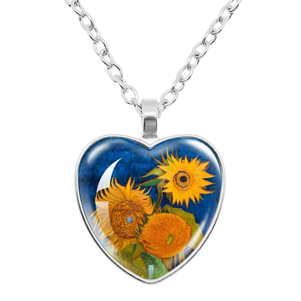 Fashion Van Gogh Art Starry Night Sunflower Necklace Glass Cabochon Painting Heart Pendant Printed Photo Necklaces