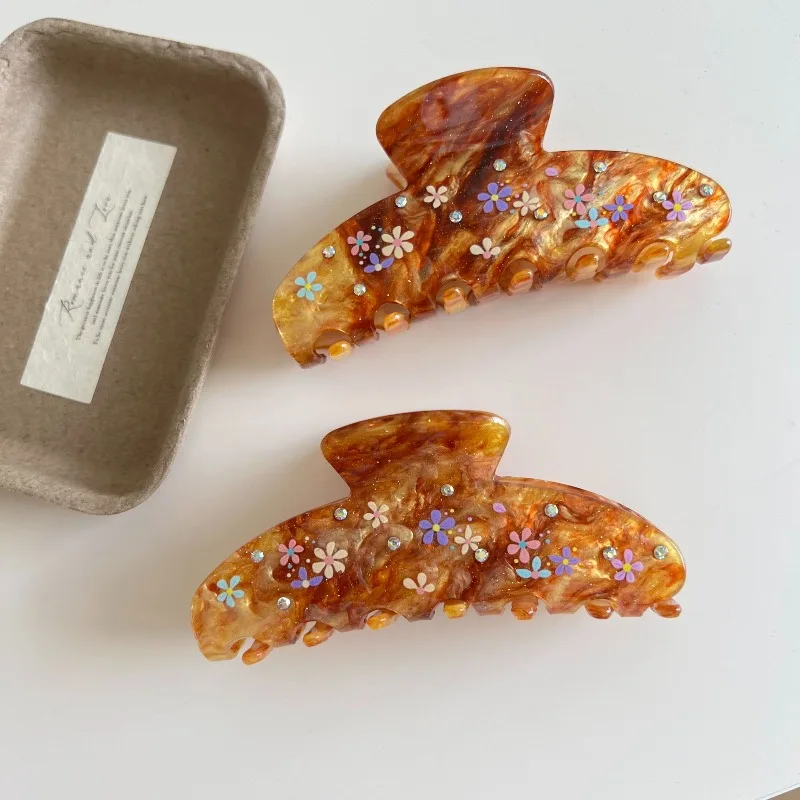 カラフルなラインストーンフラワーアセテートヘアクロウ、エレガントな気質のアップヘア用、滑り止め付き、甘く輝くサイドヘアアクセサリー、女性・女の子向け