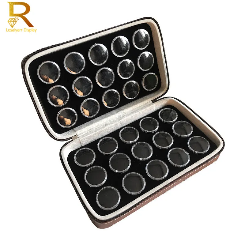 PU Zipper Diamond Jewelry Storage Box Brown Black Leatherette Case With 30 Pcs Round Stone Gem Box Gemstone Display Box