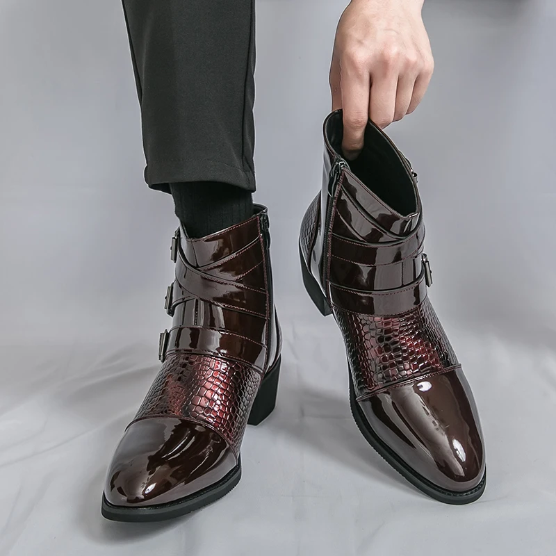 

Autumn New Men's Side Zipper Short Boots Fashionable Classic Wine Red Men's Patent Leather Pointed Banquet Party High Top Boots