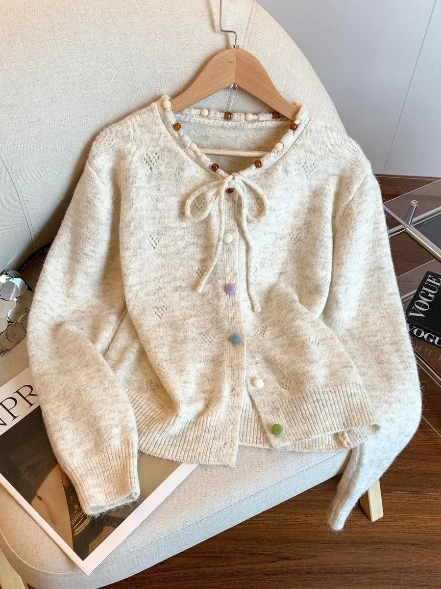 Dopne اللون الأزرق زر حبة حبل جولة Ne المرأة الخريف الشتاء لينة مريحة محبوك فضفاضة مفتوحة سترة سترة #2