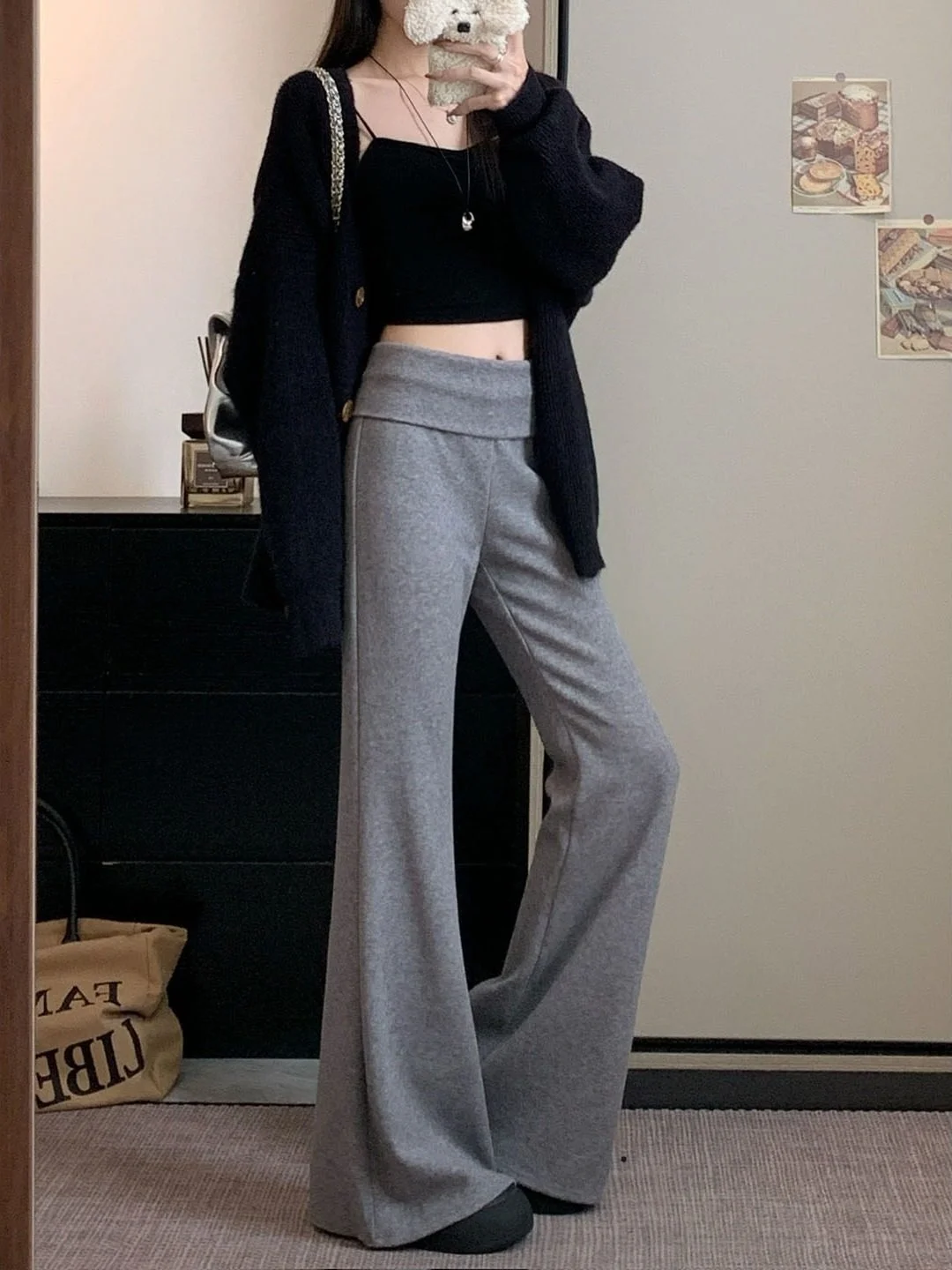 Pantalones adelgazantes de lana con campana, pantalones informales de cintura baja para mujer, pantalones largos hasta el suelo de pierna recta, Sli versátiles de invierno