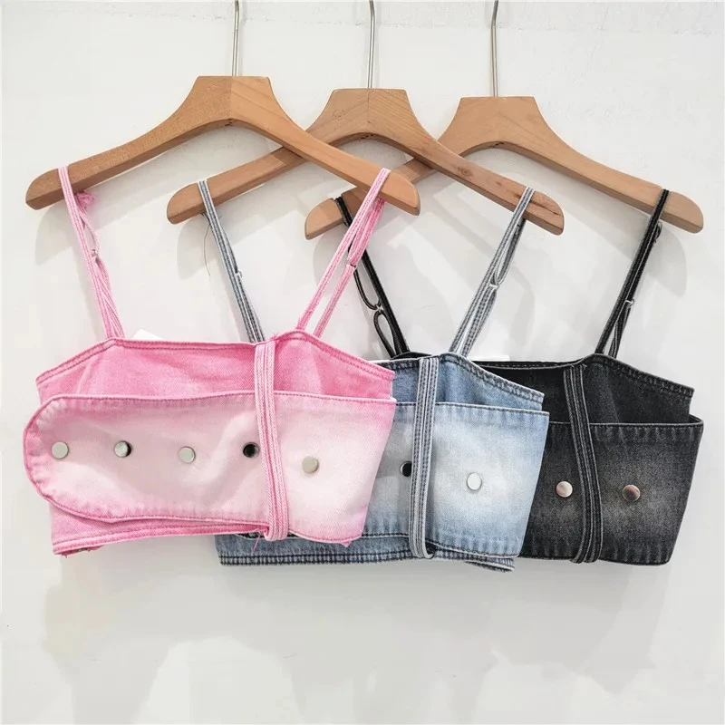 

2025 Summer New Arrival: Women's Vintage Washed Denim Crop Top - Belt-Accentuated Sling Bralette | Sexy Hottie Vibe Trendy Top