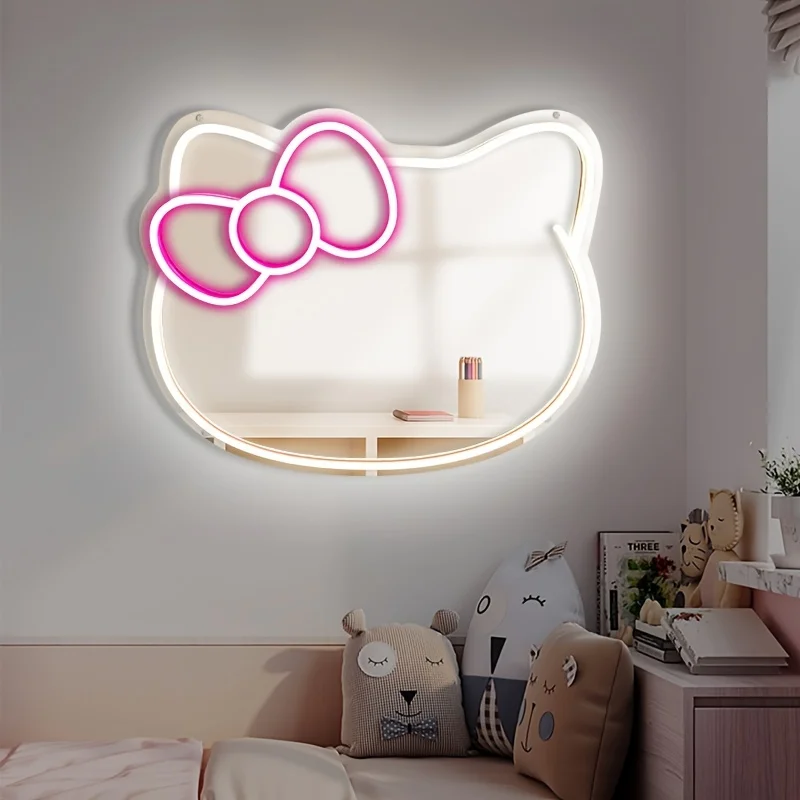 Dimmable LED Cat Mirror Neon Sign for Bedroom Dressing Room Living Room Hallway Illuminated Wall Mirror with Adjustable Light