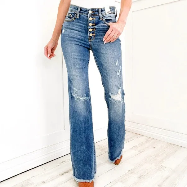 

High Waist Distressed Street Style Jeans Casual Elastic Bell Bottoms Vintage Washed Denim Pants for Young Women in China