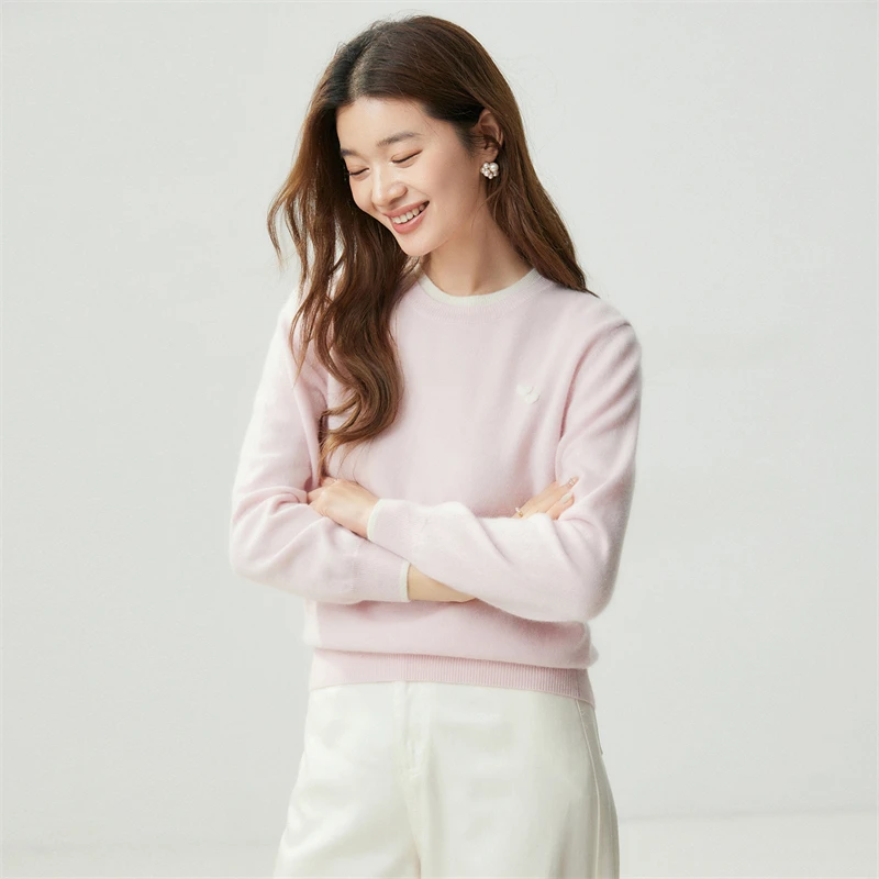 New 100% Cashmere Autumn Winter Double‑Layer Color‑Block O-Neck Sweater Woman Heart Embroidery Soft Elegant Knit Pullover