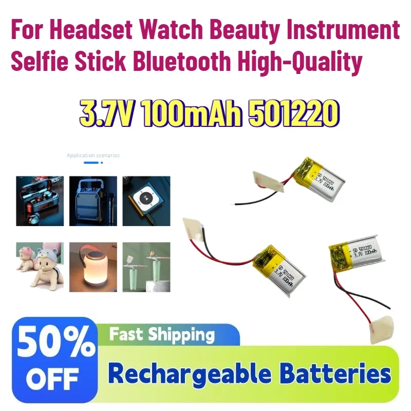 Polymer Lithium Rechargeable Battery 3.7V 100mAh 501220 for Headset Watch Beauty Instrument Selfie Stick Bluetooth High-Quality