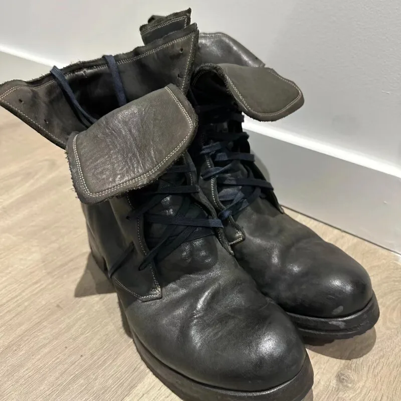 Black Leather Cross Strap Lace Up Men's Boots Round Toe Lace Up Punk Short Boots ﻿luxury Designer Handcrafted Men's Boots