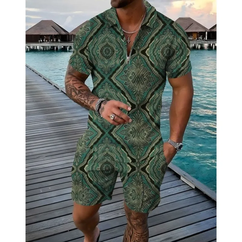 

2025 Retro Tracksuit 2 Piece Set 3D Print New Men's Summer Polo Shirt Short Sleeve Shirt Casual Zipper Collar Unisex Clothing