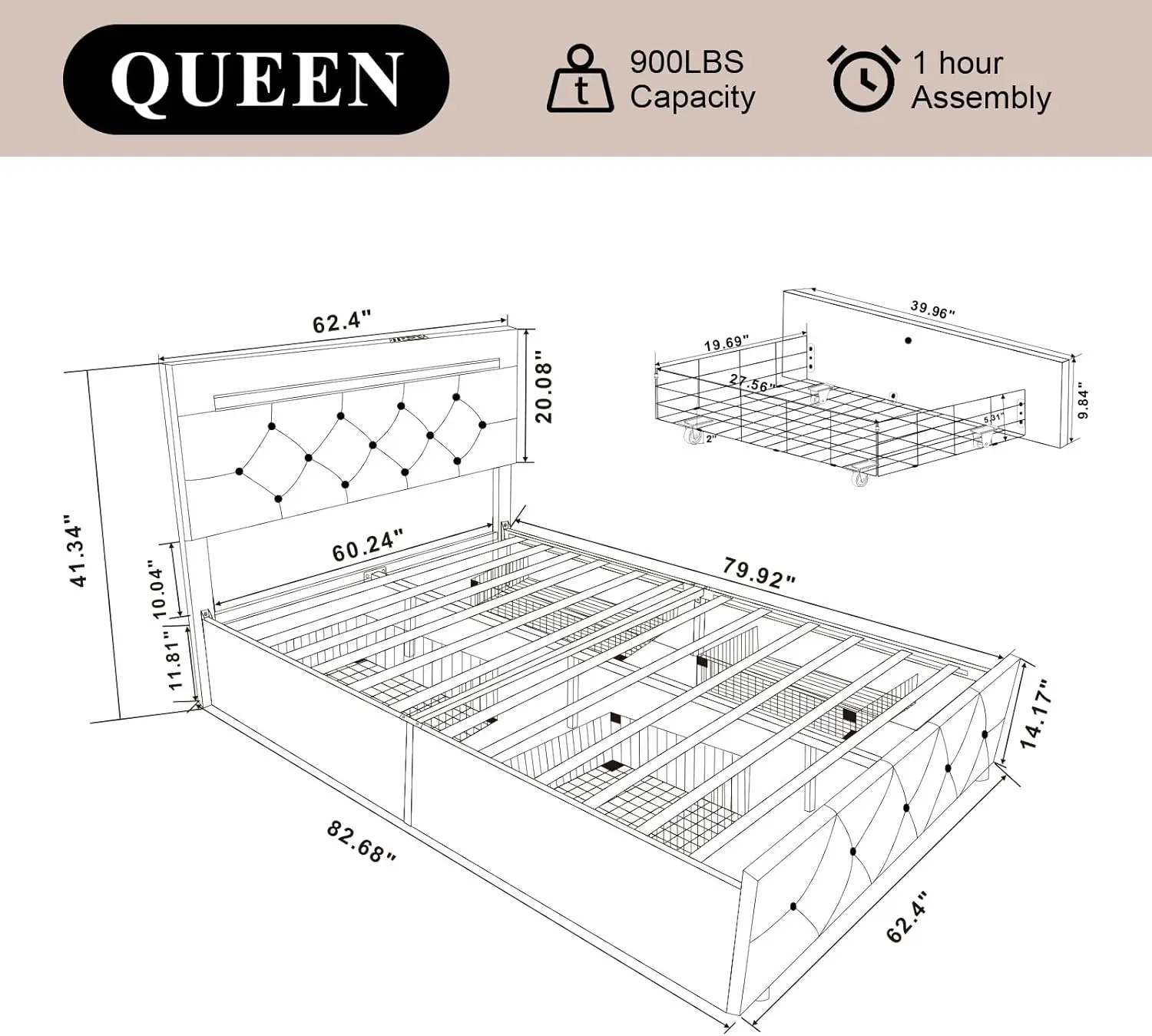 Queen Bed Frame with 4 Drawers and Charge Station PU Leather Upholstered Bed with Adjustable LED Headboard Wooden Slats Support