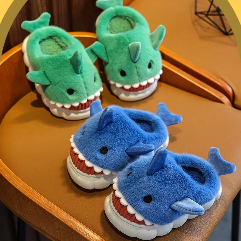 Children\'s Cotton Slippers Boys and Girls Cute Cartoon Shark Slippers Autumn and Winter Home Indoor Baby Thick Bottom Slippers