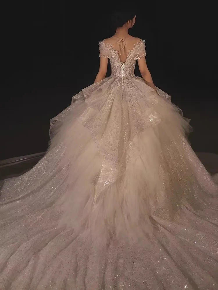 ชุดเจ้าหญิง ชุดแต่งงานที่กําหนดเอง เจ้าสาวสไตล์ใหม่ ชุดหลัก ชุดรถไฟเนื้อระดับไฮเอนด์