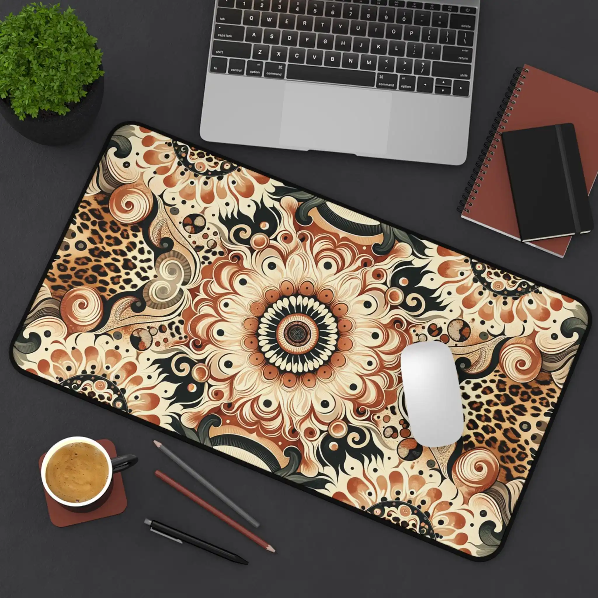 

Leopard Print Mandala Deskmat Bohemian Animal Gaming Deskmat Tribal Pattern Extended Keyboard Mat Wild Office Decor Gift for Her