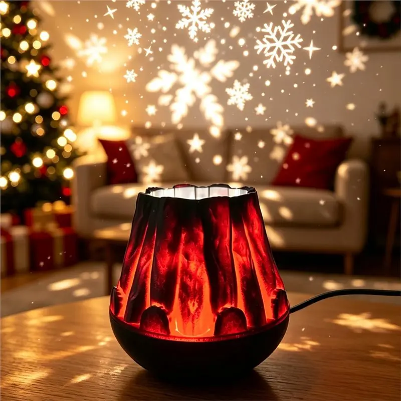 Reliable Quality Wood Grain Lava Flame Projection Lamp White Snowflake Effect For Christmas For Thanksgiving Halloween Festival