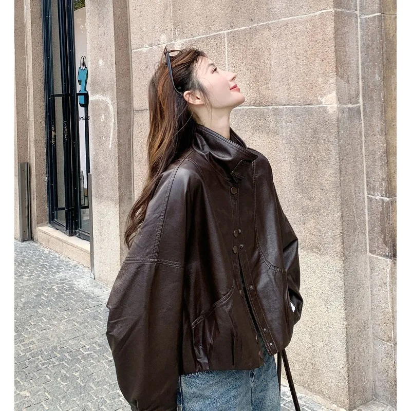 Vintage Leather Jackets for Women Loose Bomber Jackets Spring Autumn Moto Biker Coats Korean Fashion Women Clothes Outerwears