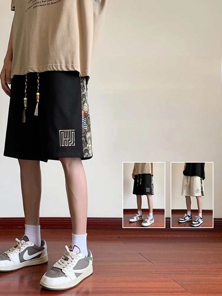 

Мужские летние брюки из прямых брюк в стиле ретро в стиле пэчворк с вышивкой «пять четвертей», свободные повседневные спортивные брюки