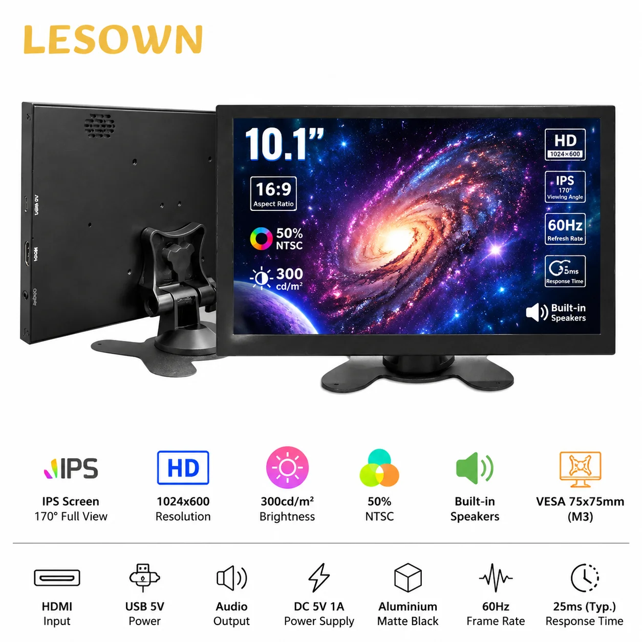 LESOWN 10.1" Driver-free Monitor 1024x600 Aluminum HDTV Display Plug and Play PC Laptop Secondary Screen 60Hz Sub-monitor VESA
