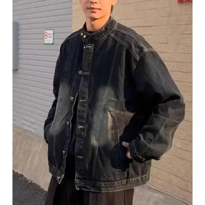 

Retro Japanese Sle ort Jaet Vintage Waed Denim Stand Collar Men's Outerwear Spring Autumn Loose ape Trendy Jeans Ja...