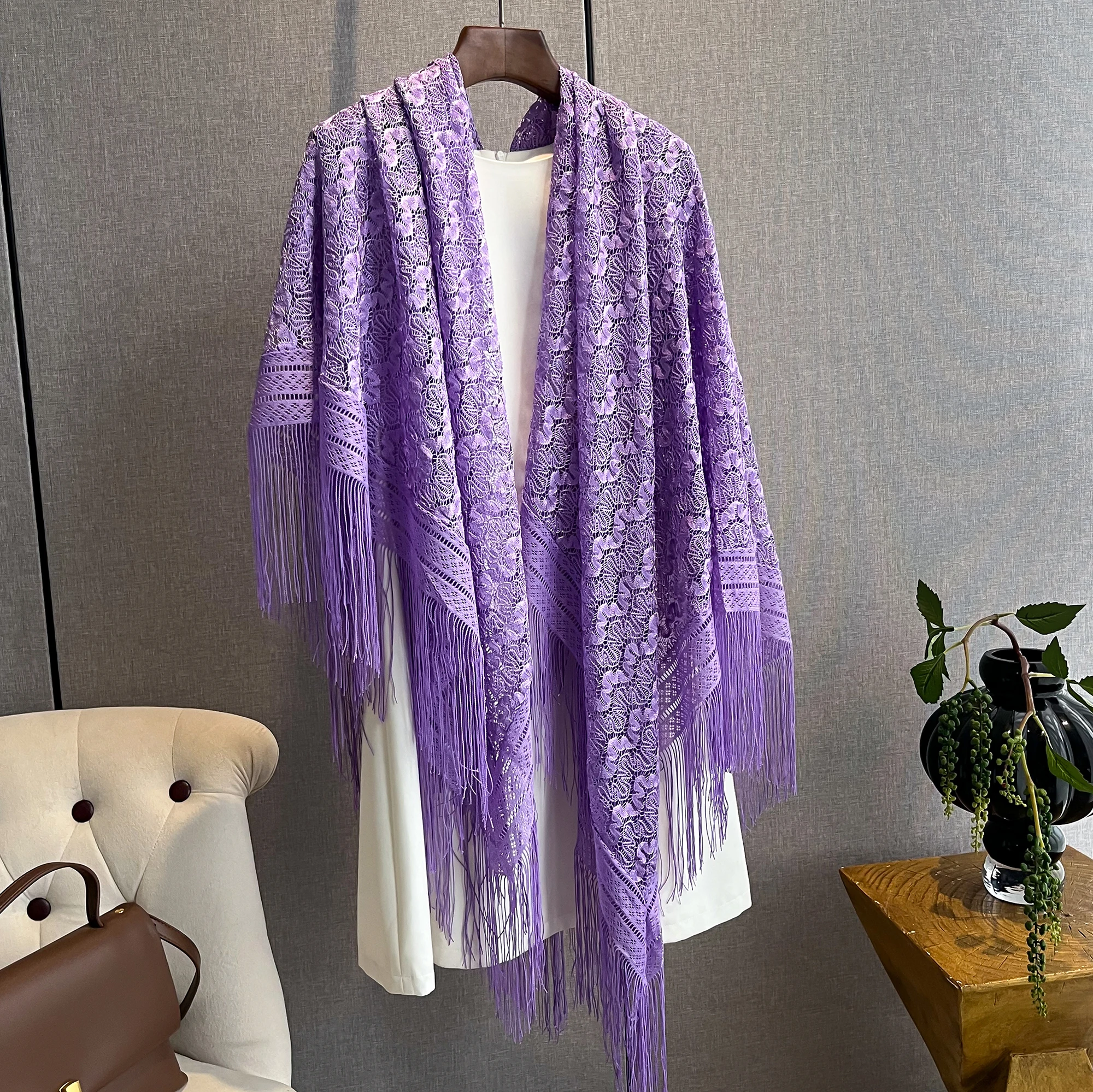 New summer hollowed-out dragon flower large square scarf shawl with long knitted cape scarf thin silk scarf gauze scarf