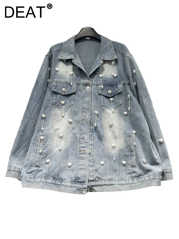 

Женская джинсовая куртка DEAT, однобортная куртка с длинным рукавом и подвеской в форме сердца, с бисером, осень 2024