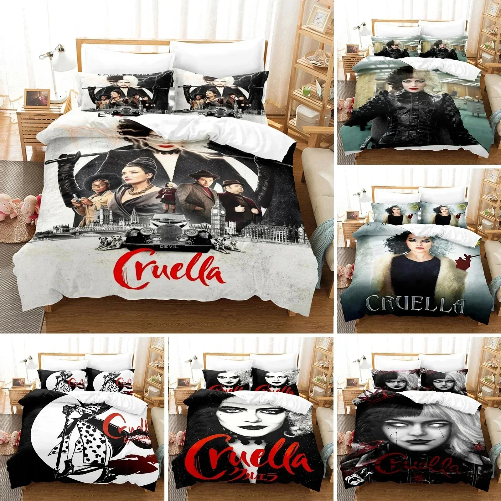 3D Printed Cruella Bedding Set and Pillowcase De Vil Duvet Cover Double Twin Full Queen King Adult Kids Bedclothes Quilt Cover