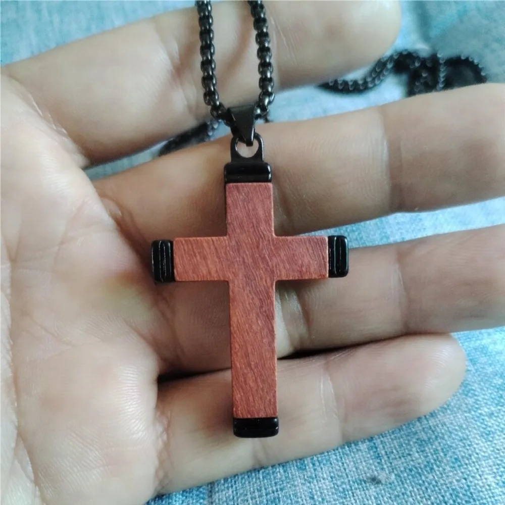 Retro Wooden Cross Necklace for Men Boys Black Walnut & Stainless Steel Christian Wood Crucifix PendantIns Jewelry
