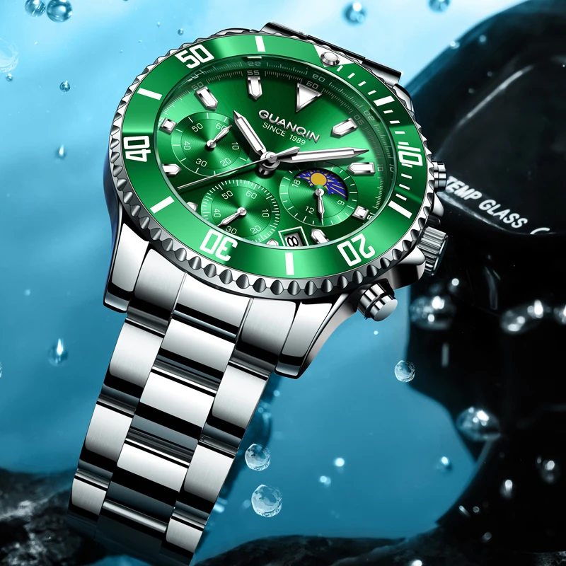 Guanqin 2024 New Men Quartz Watch  Fashion Green Watch Men\'s Waterproof Stainless Steel Watch Men Multifunctional Luminous Clock