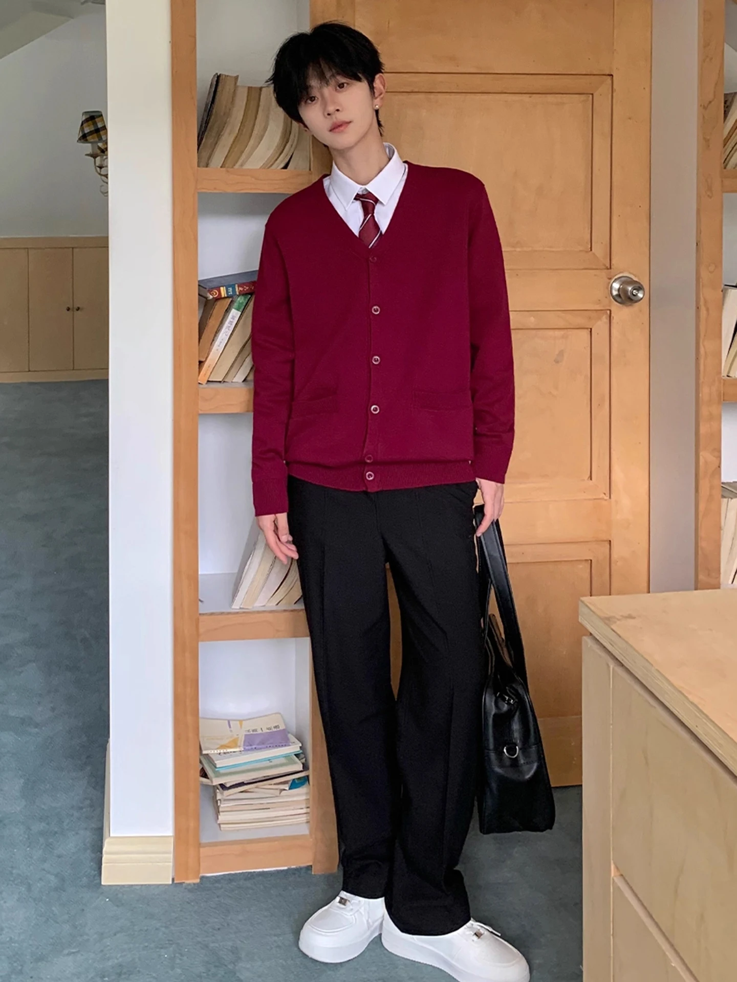 

Dark Red Knitted Sweater Cardigan Unisex Spring Autumn Casual Style Inner Wear College Fashion Soft Cotton V-Neck Long Sleeve