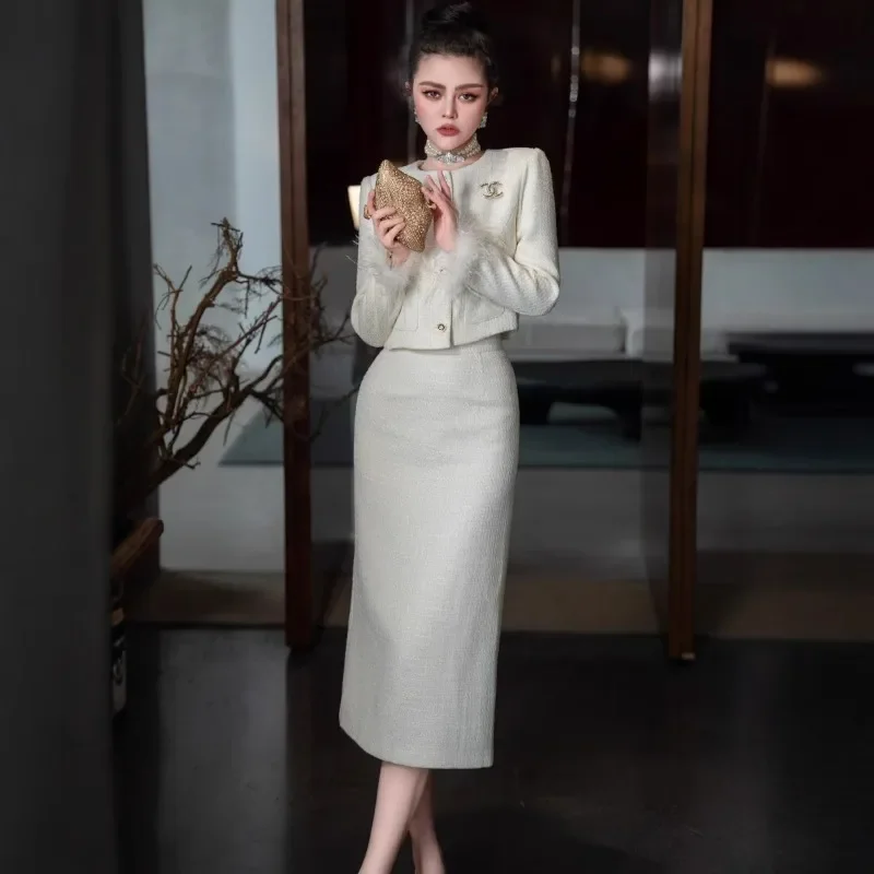 2024 new fall and winter original French small perfume jacket high waist split half skirt two-piece set Personalized Long Sleeve
