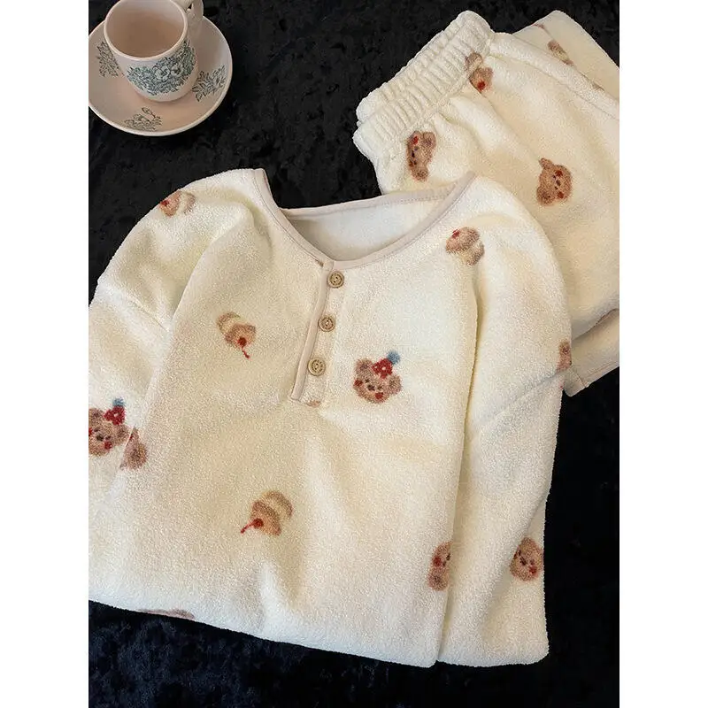 

Women's Pajamas Homewear Set Outerwear Autumn Winter Female Thickened Flannel Keep Warm Coral Fleece Cute Cartoon Loungewear