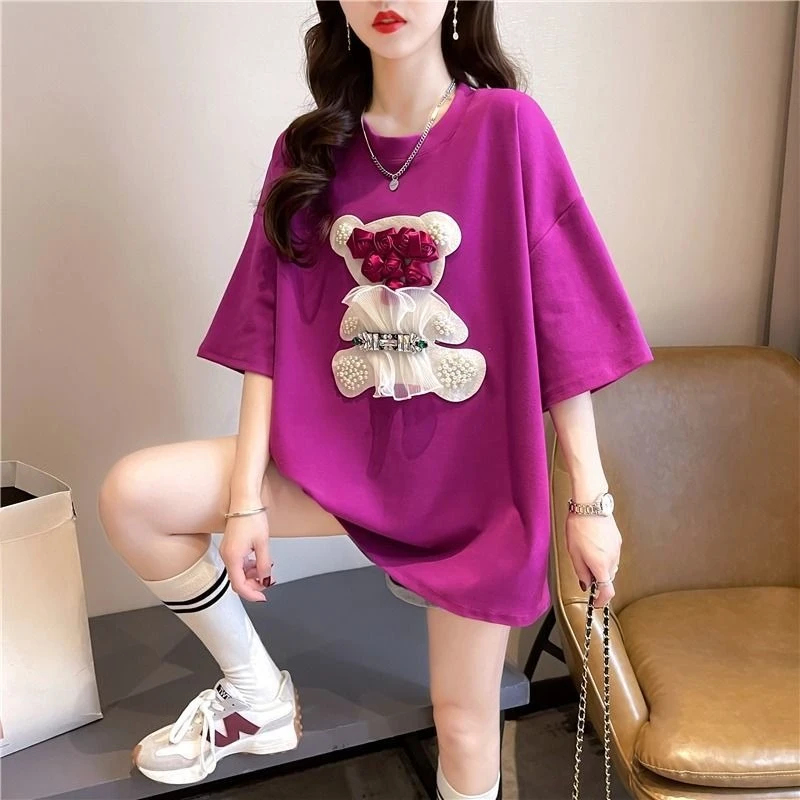 Women's Mid Length Short Sleeve T-shirt 2026 Summer New Arrival 3d Decorative Beading Heavy Duty Cotton Designer Trendy Style