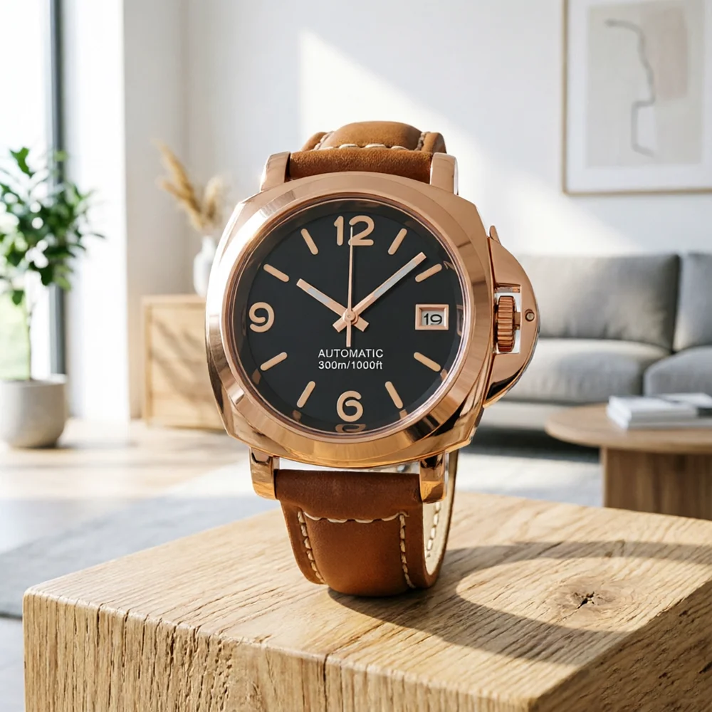 Image of Neue NH35 Automatikuhr für Herren 40mm Retro Luxus Roségold Gehäuse Saphirglas Lederarmband Wasserdicht Tägliche Geschäftsuhr