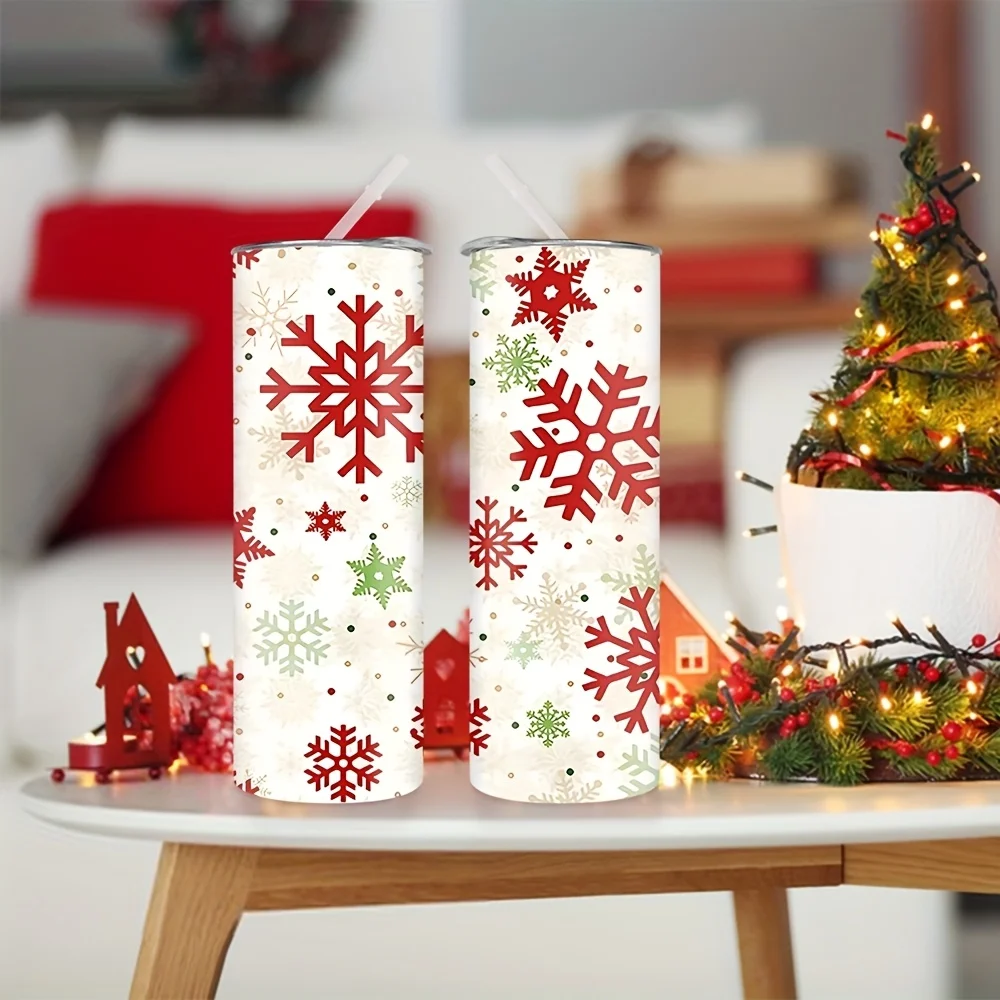 1pc 20oz Stainless Steel Insulated Tumbler with Snowflake and Red-Green Pattern, Straw Included, Suitable for Car, Home, and Daily Use, Gift for Family and Friends
