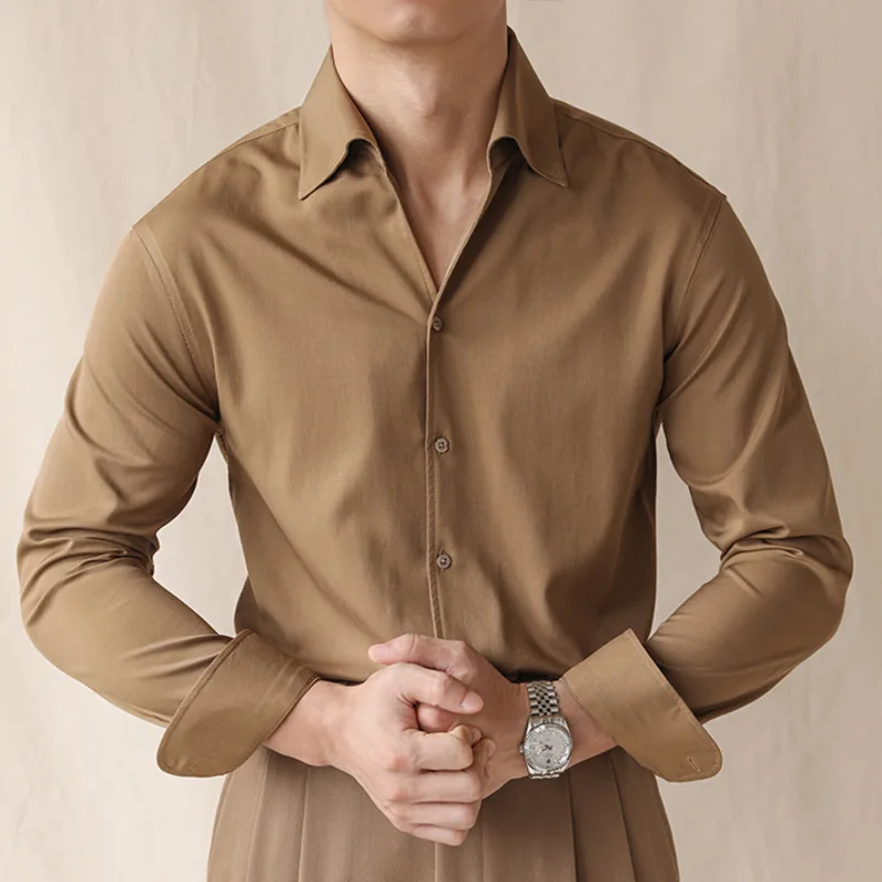 Chemise à manches longues coupe couvertes pour hommes, haut décontracté, rayures de smoking, bureau, coiffeur, social, ourlet, automne