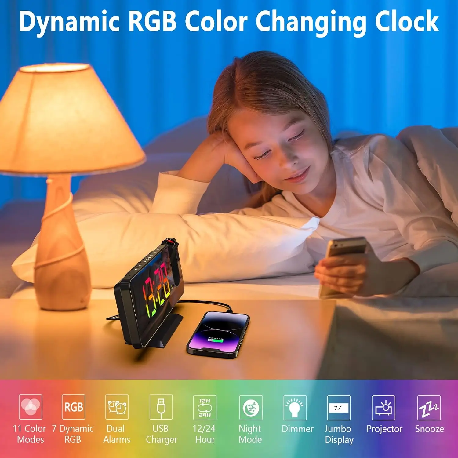 Multi-Functional Projection Alarm Clock Mirror LED Display Auto Dimming Light Snooze Dual Alarms 180° Rotatable Time Projector for Bedroom Decoration