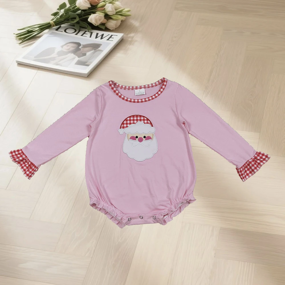

10.2 Baby Girls Winter Rompers Embroidery Santa Baby Girls Pink Long Ruffle Sleeve Christmas Rompers