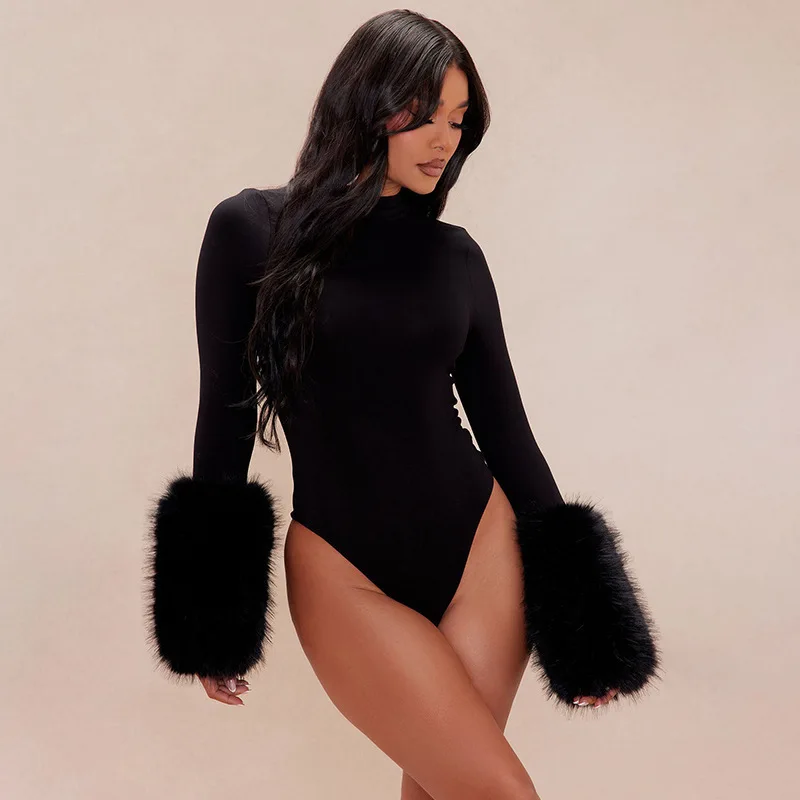 

Sexy Fur Jumpsuits 2025 Women Club Wear Party Playsuit Bodysuit Elegant Luxury Bodycon Fashion One Piece Solid Jumpsuit