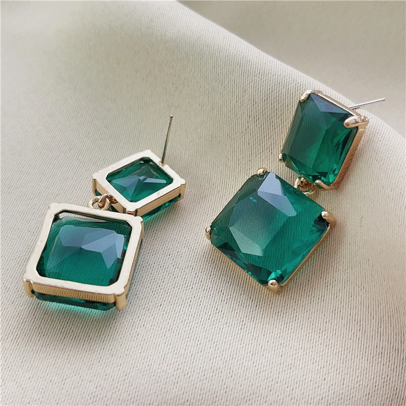 Square Metal Green Crystal Glass Dangle Post Earrings For Women Fashion Jewelry Elegant Party Accessories Fancy New Styles C1689