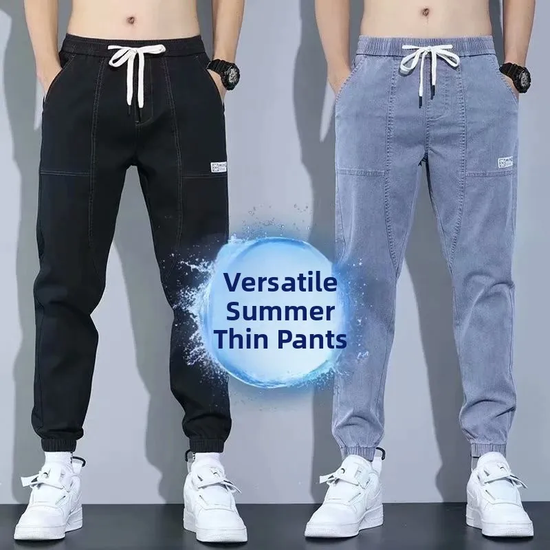 

Summer Thin Cotton Denim Jeans Men's Drawstring Waist Cord Elastic No Magnetic Iron Youth Active Style Multi Pocket Long Pants