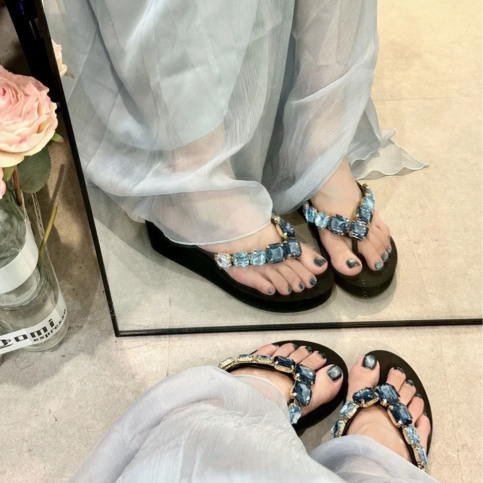 Women's flip flops 2026 square sugar blue diamond slope heel slippers square diamond height increasing thick bottom flip flops