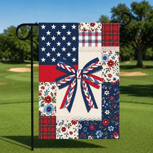 USA Patchwork Garden Flag with Bow 4th of July Outdoor Yard Banner AAV hhz