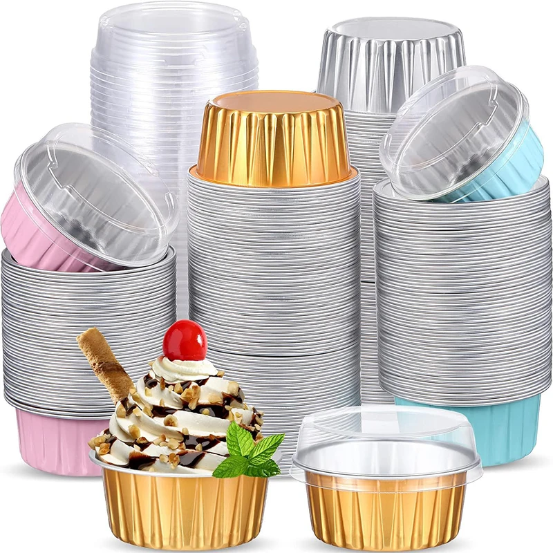 50Pcs 5oz Mini Baking Cups Aluminium Foil Cake Pans With Lids Spoons Heat Resistant Cupcake Muffin Liners For Gatherings Parties