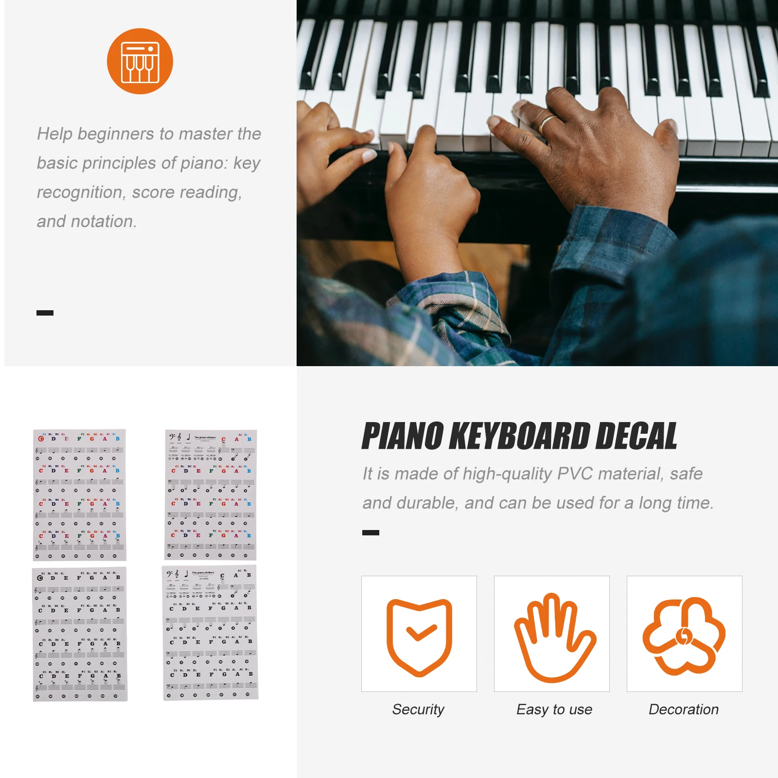 

2pcs Piano Keyboard Sticker Transparent PVC Beginner Decal Easy to Paste Tear No Glue Suitable for Pianos Electronic Organs